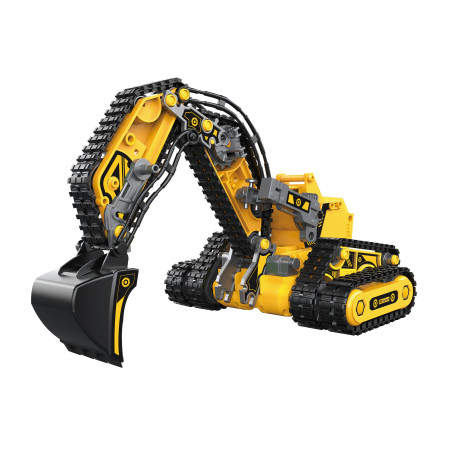 Gelbes und schwarzes Spielzeugbagger-Modell mit beweglichem Arm und detaillierten Ketten auf weißem Hintergrund.