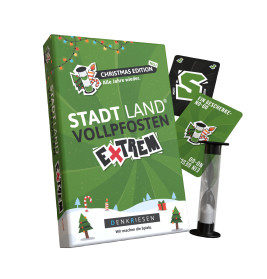 Stadt Land Vollpfosten Extrem Weihnachtsedition mit Spielkarten und Sanduhr.