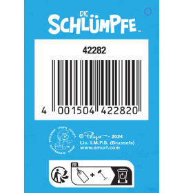 Blaues Die Schlümpfe-Etikett mit Barcode, Anleitung und Copyright-Hinweisen am unteren Rand.