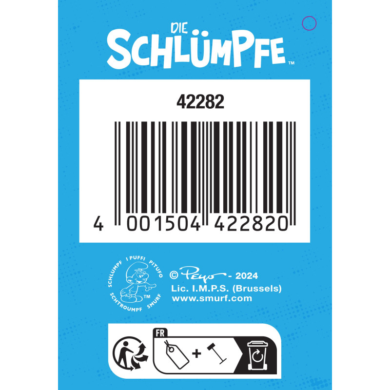 Blaues Die Schlümpfe-Etikett mit Barcode, Anleitung und Copyright-Hinweisen am unteren Rand.