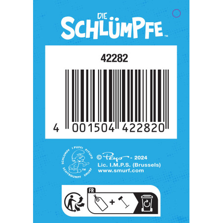 Blaues Die Schlümpfe-Etikett mit Barcode, Anleitung und Copyright-Hinweisen am unteren Rand.