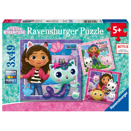 Ravensburger Puzzle Gabbys Puppenhaus, 3x49 Teile, mit Gabby und Katze, empfohlen ab 5 Jahren.