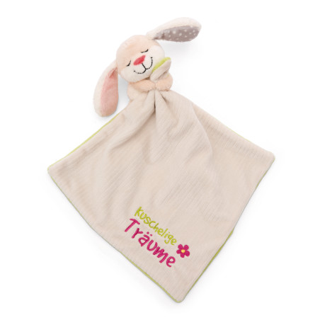 Beige Babydecke mit Plüschhasenkopf und aufgesticktem Schriftzug kuschelige Träume.