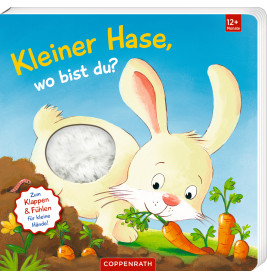 Illustration: Ein Hase frisst im Garten Karotten, hat ein flauschiges Fell und deutschen Text im Bild.