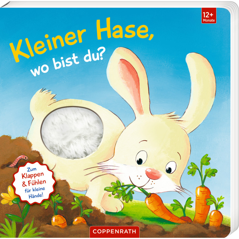 Illustration: Ein Hase frisst im Garten Karotten, hat ein flauschiges Fell und deutschen Text im Bild.