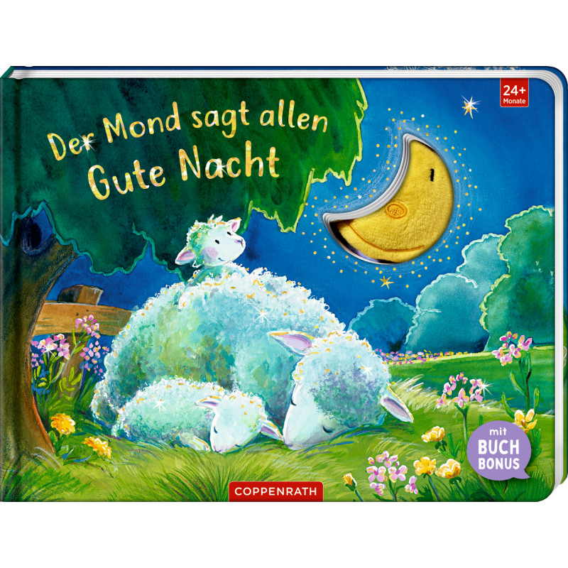 Kinderbuchcover mit Schaf, Maus und Sichelmond. Titel: Der Mond sagt allen Gute Nacht.