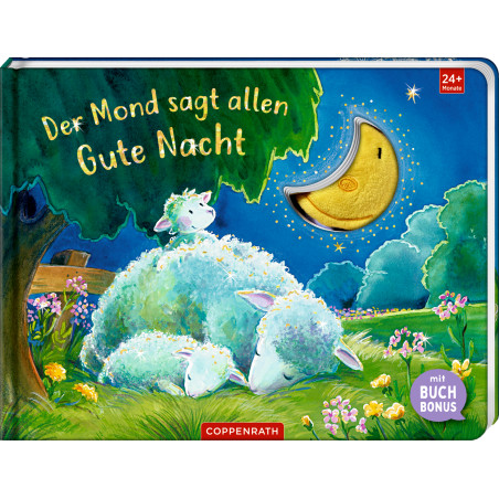 Kinderbuchcover mit Schaf, Maus und Sichelmond. Titel: Der Mond sagt allen Gute Nacht.