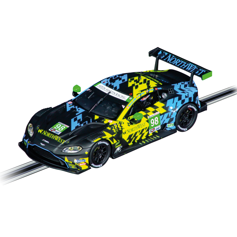 Schwarzes und grünes Rennauto mit der Nummer 98 und NORTHWEST-Schriftzug vor weißem Hintergrund.