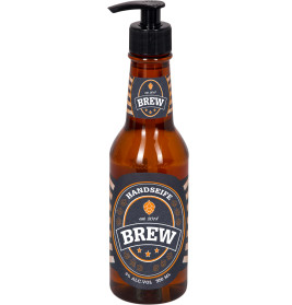 Braune Seifenspenderflasche Handseife Brew im Bierflaschen-Design, enthält Handseife.