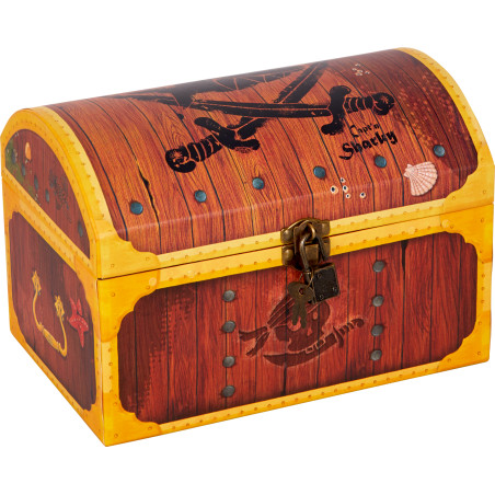 Eine hölzerne Piratenschatztruhe mit Schloss und goldenen Verzierungen an den Kanten.