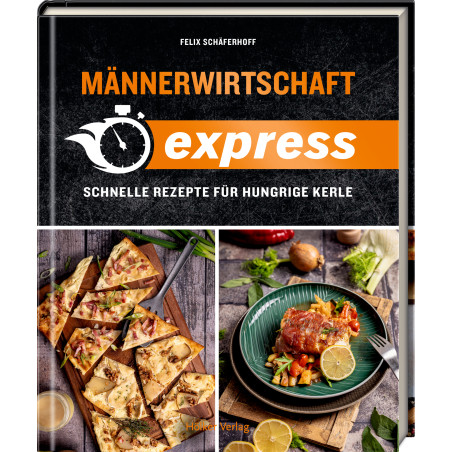Cover eines deutschen Kochbuchs mit Pizzastücken, Fleischgericht und auffälligem orangenem express-Schriftzug.