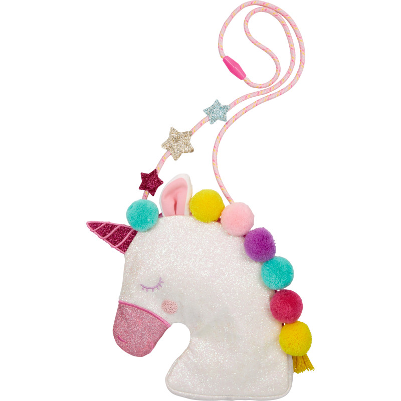 Eine Einhorn-Tasche mit bunten Pompons und Sternen an einem pink-gelben Träger.