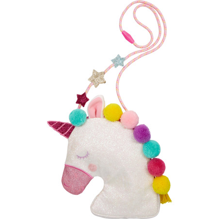 Eine Einhorn-Tasche mit bunten Pompons und Sternen an einem pink-gelben Träger.