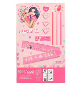 Rosa Schreibset mit Linealen, Stiften, Herzklammern und zwei Mädchen mit der Aufschrift Best Friends.