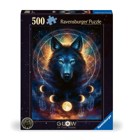 Ravensburger Puzzle, 500 Teile, mit leuchtend blauem Wolf, Monden und Traumfängern auf dem Karton.