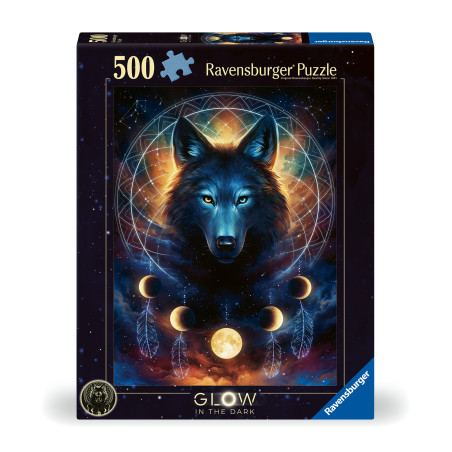 Ravensburger Puzzle, 500 Teile, mit leuchtend blauem Wolf, Monden und Traumfängern auf dem Karton.