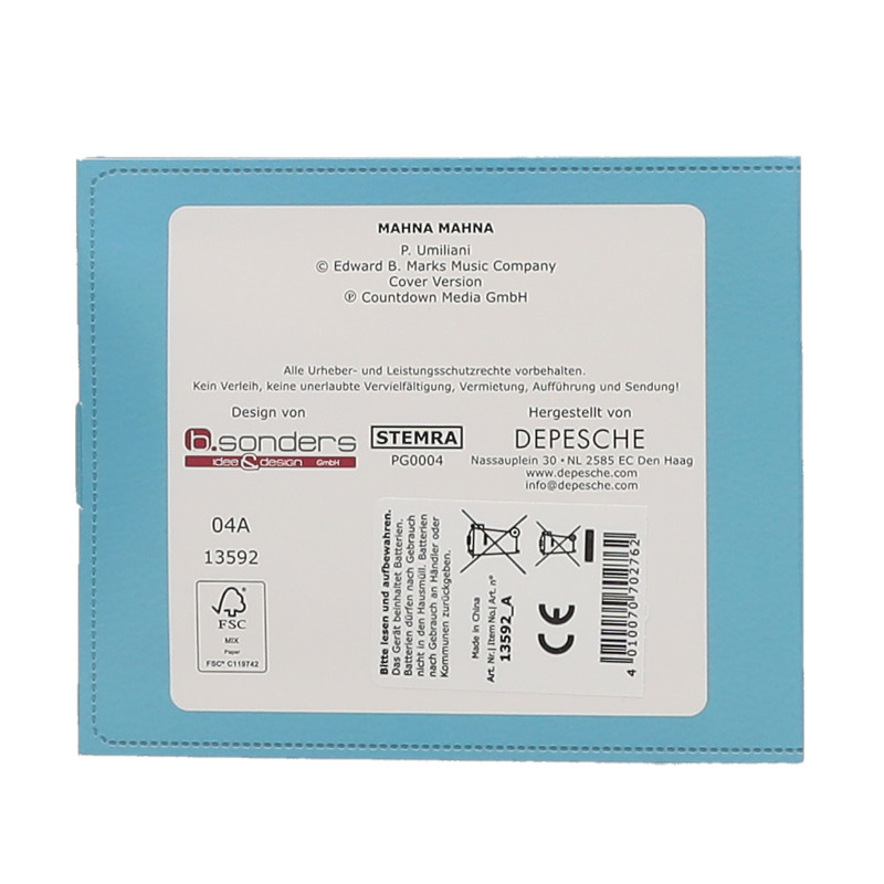 Rückseite einer blauen CD-Hülle mit deutschen Texten und Labels zu Songs und Firmeninformationen.