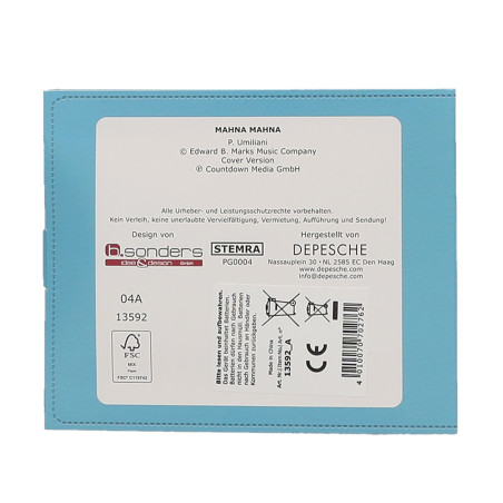 Rückseite einer blauen CD-Hülle mit deutschen Texten und Labels zu Songs und Firmeninformationen.