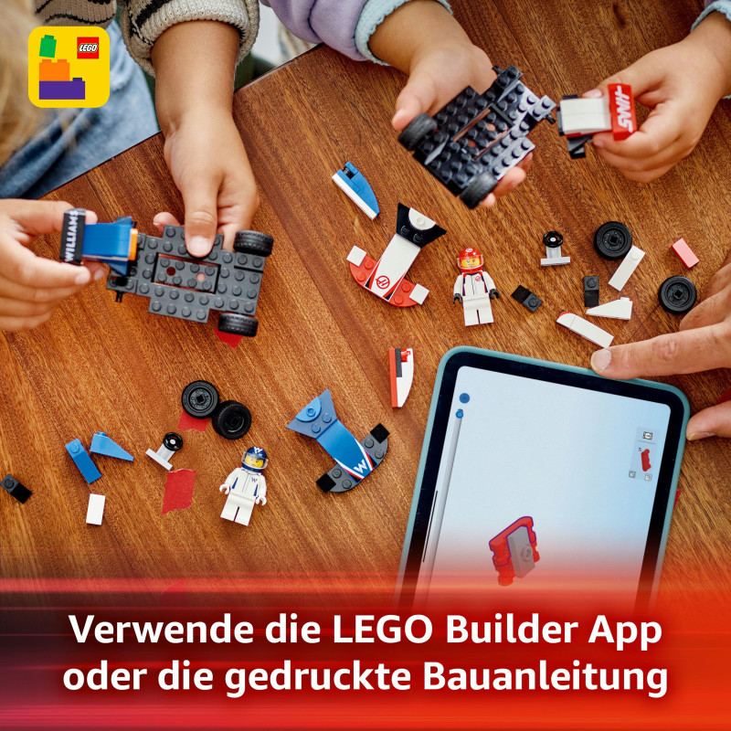 Kinder bauen LEGO City 60464 F1 Williams & Haas Autos, deutscher Hinweis zur Builder App. Ab 4 Jahren.