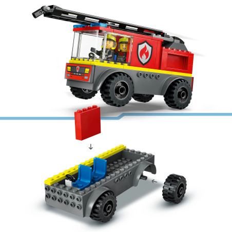 LEGO City 60463 Feuerwehrleiterfahrzeug mit zwei Minifiguren, rotem Baustein und Teilaufbau.
