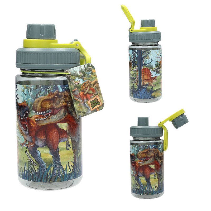 Depesche Dino World Trinkflasche, 500ml, BPA-frei, Tritan, mit Dino-Motiv und grau-gelbem Deckel für Kinder.