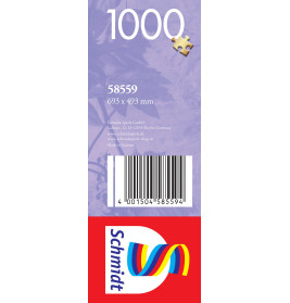 Seitenansicht der Puzzlebox mit 1000 Teilen, Barcode, Größe 693x493 mm und farbigem Schmidt-Logo mit Streifen.