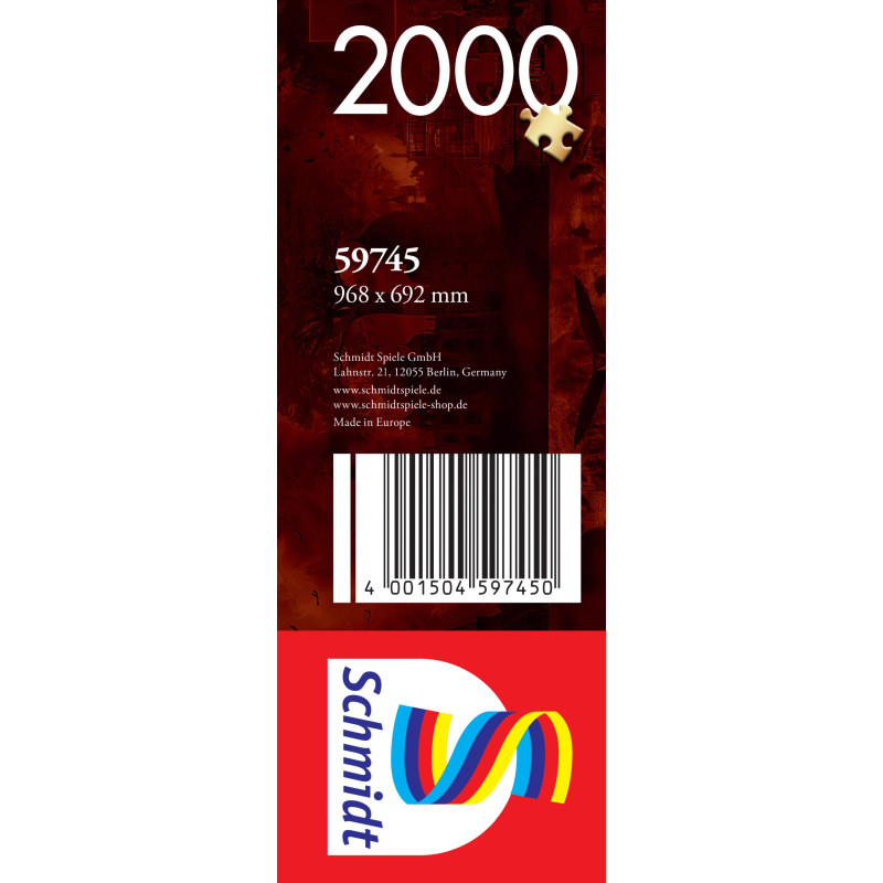 Rotes Puzzlebox-Label mit 2000 Teilen, Größe 968 x 692 mm und Schmidt-Logo mit buntem Band.