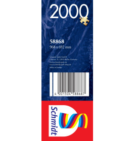 Blaue und rote Puzzlebox mit 2000 Teilen, Maßen, Barcode und Schmidt-Logo mit Regenbogenbändern.