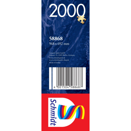 Blaue und rote Puzzlebox mit 2000 Teilen, Maßen, Barcode und Schmidt-Logo mit Regenbogenbändern.