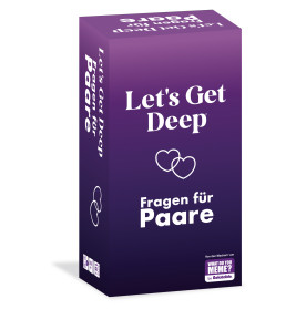 Lila Spielbox mit zwei Herzen und dem Text: Lets Get Deep - Fragen für Paare. WAS MEMEST DU?.