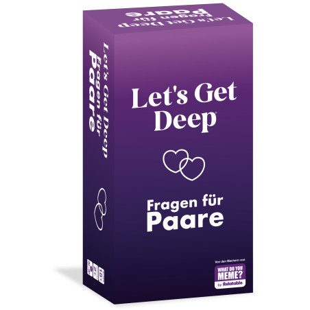 Lila Spielbox mit zwei Herzen und dem Text: Lets Get Deep - Fragen für Paare. WAS MEMEST DU?.