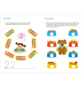 Ein Mädchen mit Zöpfen und einer 2 ist auf LERNSTERN -Mein Vorschulbuch Zahlen neben Mäppchen und Futternäpfen zu sehen.