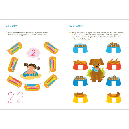 Ein Mädchen mit Zöpfen und einer 2 ist auf LERNSTERN -Mein Vorschulbuch Zahlen neben Mäppchen und Futternäpfen zu sehen.