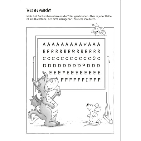 Drache und Maus im TESSLOFF Lernstern Mein Drachenstarkes Buch findet in jeder Reihe ungewöhnliche Buchstaben. Ab 5 Jahren!.