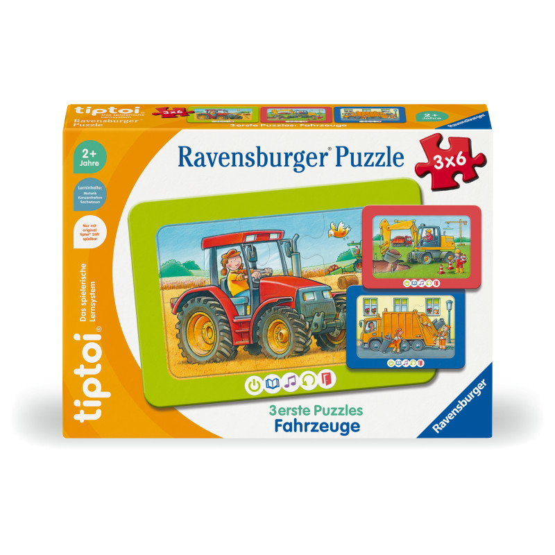 Ravensburger tiptoi Puzzle für Kinder ab 2 Jahren mit Fahrzeugmotiven und drei illustrierten Puzzlebildern.