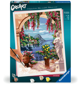 Auf der Malen-nach-Zahlen-Box malt eine Hand eine Seeterrasse mit Blumen und einer Statue.