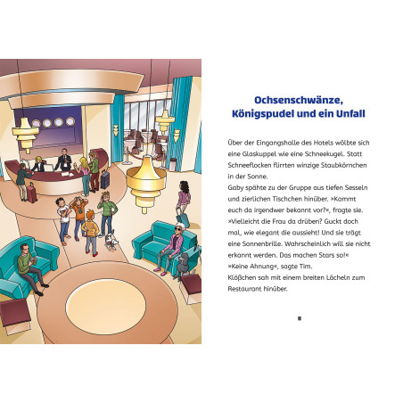 Illustrierte Hotellobby mit sprechenden und sitzenden Personen, dazu ein Hund, der neben einem Kind läuft.