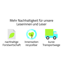 Drei Icons stehen für nachhaltige Forstwirtschaft, recycelbare Seiten und kurze Transportwege für mehr Nachhaltigkeit.