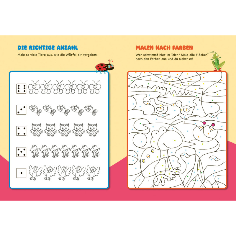 Seite mit Tier-Zeichnungen zum Würfeln links und Ausmalbild nach Zahlen eines Teiches rechts.