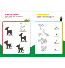 Kinderseite mit Schattenrätsel (Hirsch) links und rechts Würfelzählübung mit Tieren sowie Früchten.