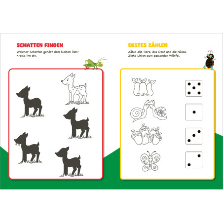 Kinderseite mit Schattenrätsel (Hirsch) links und rechts Würfelzählübung mit Tieren sowie Früchten.