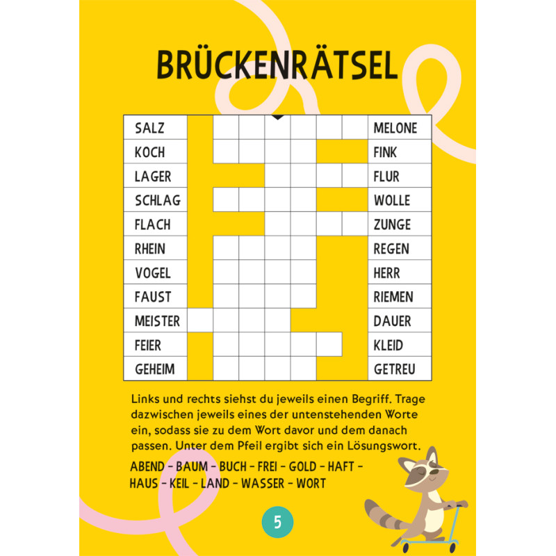 Gelbes Kreuzworträtsel Brückenrätsel mit deutschen Wörtern und einem Comic-Waschbären unten rechts.