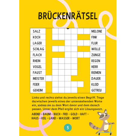 Gelbes Kreuzworträtsel Brückenrätsel mit deutschen Wörtern und einem Comic-Waschbären unten rechts.