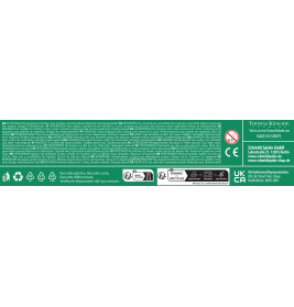 Grünes Produktetikett mit mehrsprachigem Text, Recycling-Symbolen und Firmenkontakt aufgedruckt.