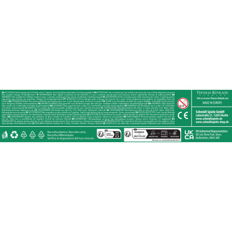 Grünes Produktetikett mit mehrsprachigem Text, Recycling-Symbolen und Firmenkontakt aufgedruckt.