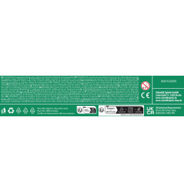 Grünes Verpackungsetikett mit Sicherheits-Symbolen, Herstellerangaben und Recycling-Hinweisen in mehreren Sprachen.