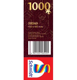 Seitenansicht einer Puzzlebox mit 1000 Teilen, Maßen, Barcode und Schmidt-Logo mit bunten Bändern.