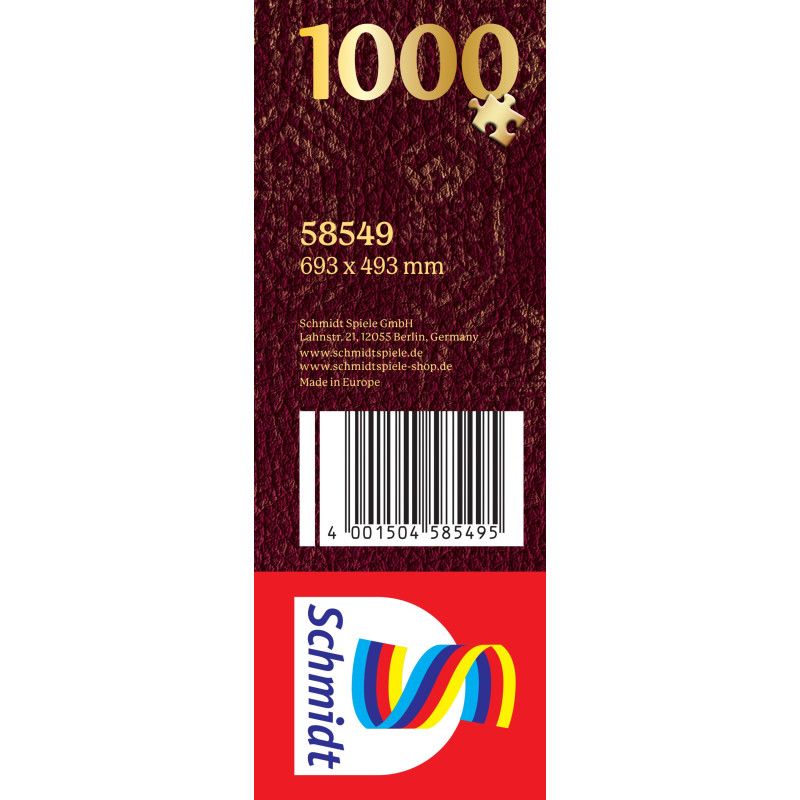 Seitenansicht einer Puzzlebox mit 1000 Teilen, Maßen, Barcode und Schmidt-Logo mit bunten Bändern.