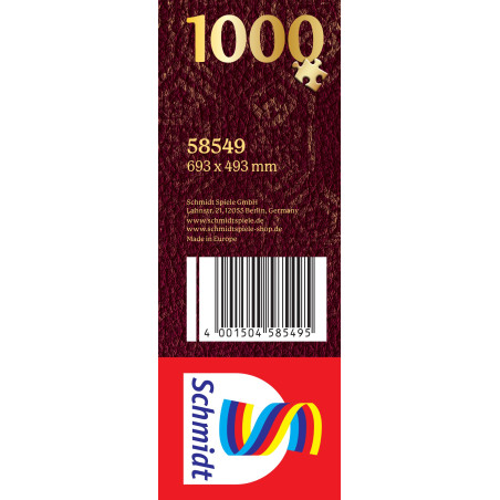 Seitenansicht einer Puzzlebox mit 1000 Teilen, Maßen, Barcode und Schmidt-Logo mit bunten Bändern.