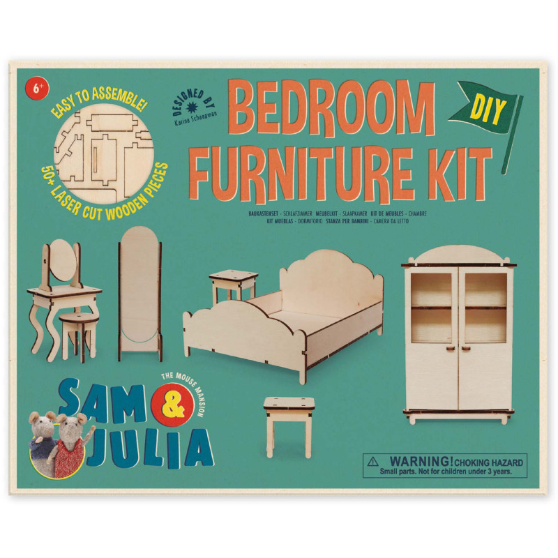 DIY-Schlafzimmermöbel-Bausatz mit Holzteilen, Montagebildern und den Mausfiguren Sam & Julia.